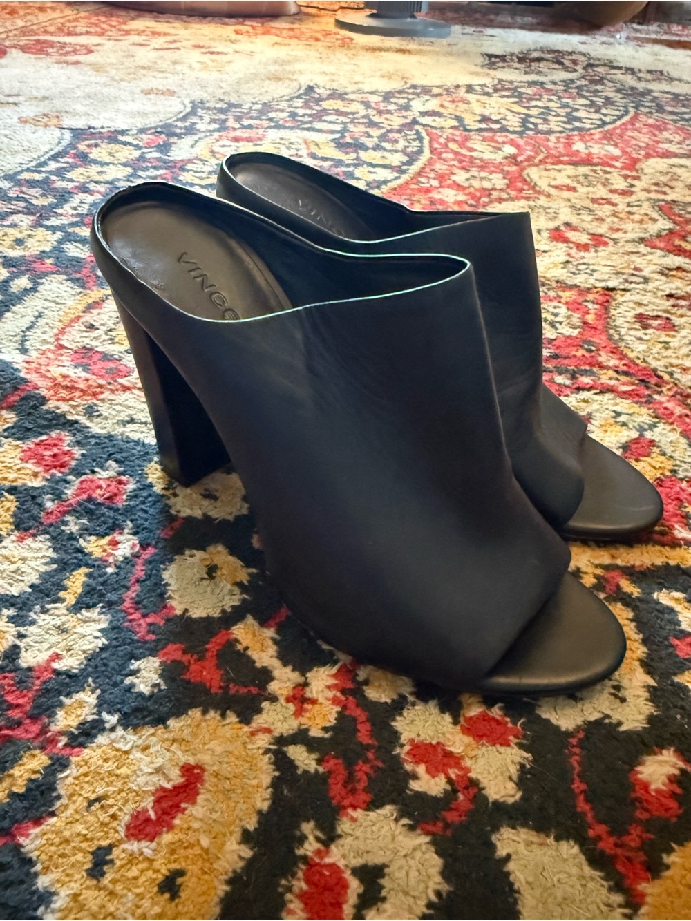 Vince Black Leather Open-Toe Mule Heels